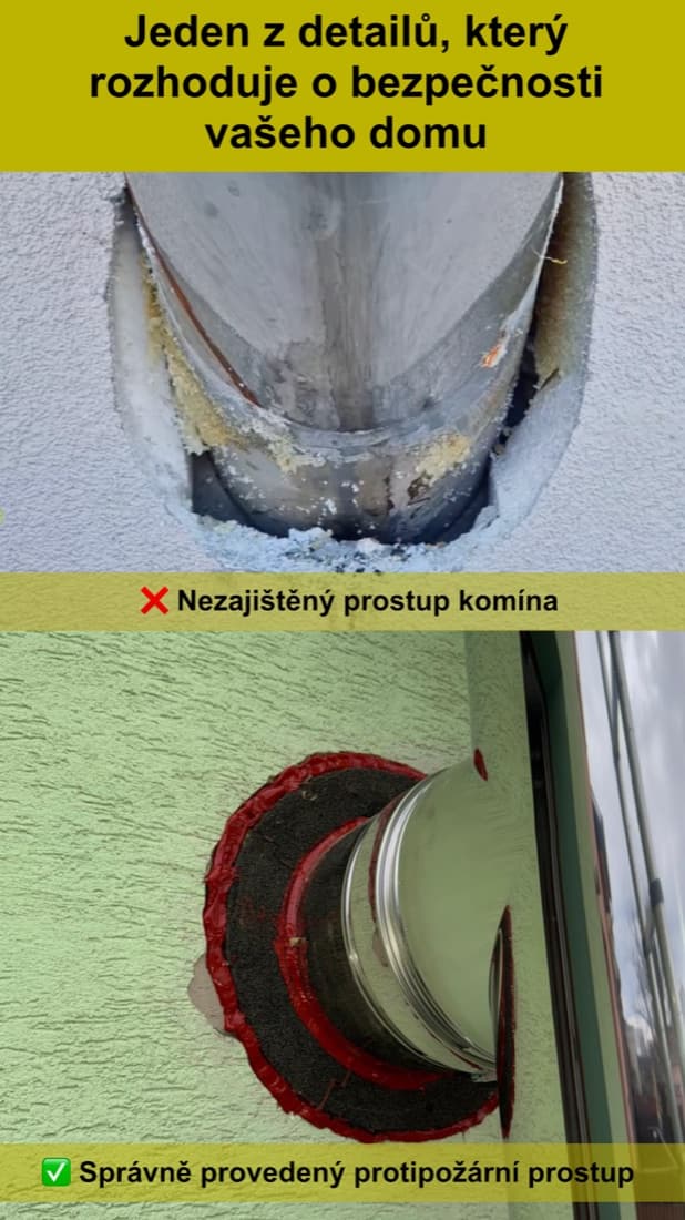 Srovnání: nezajištěný prostup komína vs. správně provedený protipožární prostup